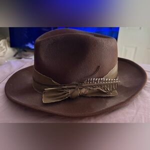 Brown Fedora Hat with Feather Accent